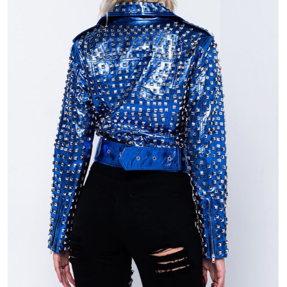ELECTRIC BLUE STUDDED MOTO JACKET
